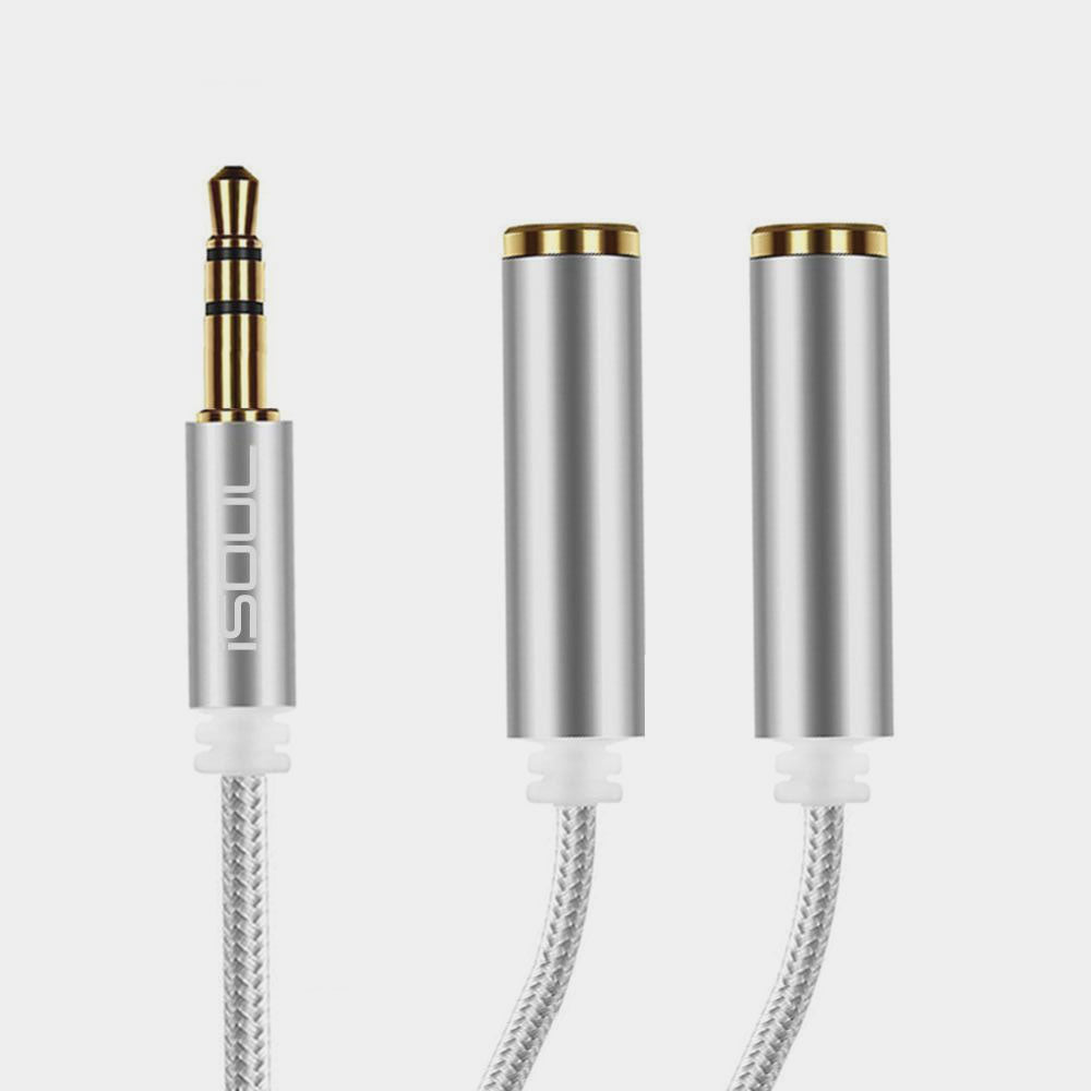 iSoul Braided 3.5mm Headphone Earphone Y Aux Splitter Adapter Jack Male to Dual Female Silver - iSOUL