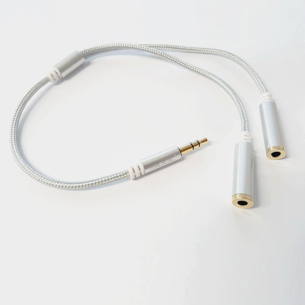 iSoul Braided 3.5mm Headphone Earphone Y Aux Splitter Adapter Jack Male to Dual Female Silver - iSOUL
