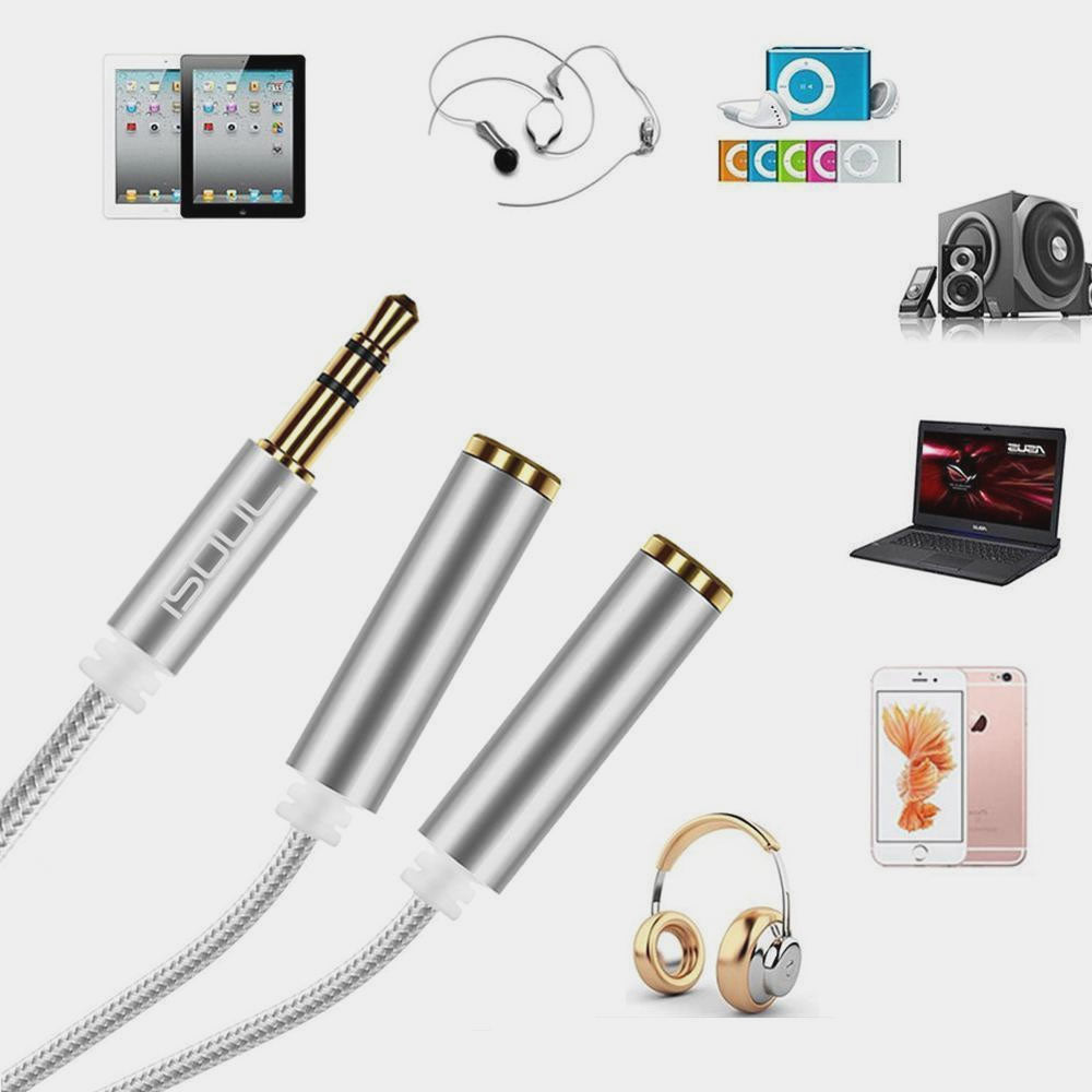 iSoul Braided 3.5mm Headphone Earphone Y Aux Splitter Adapter Jack Male to Dual Female Silver - iSOUL