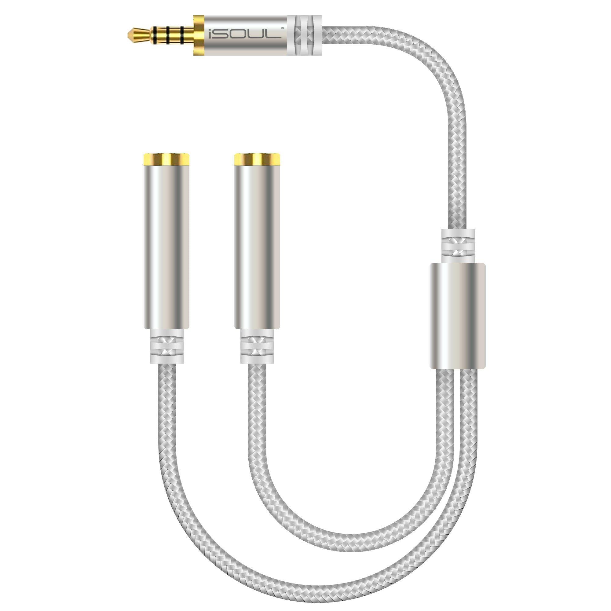 iSOUL 3.5 mm Audio Jack Splitter for Headphones Silver Braided