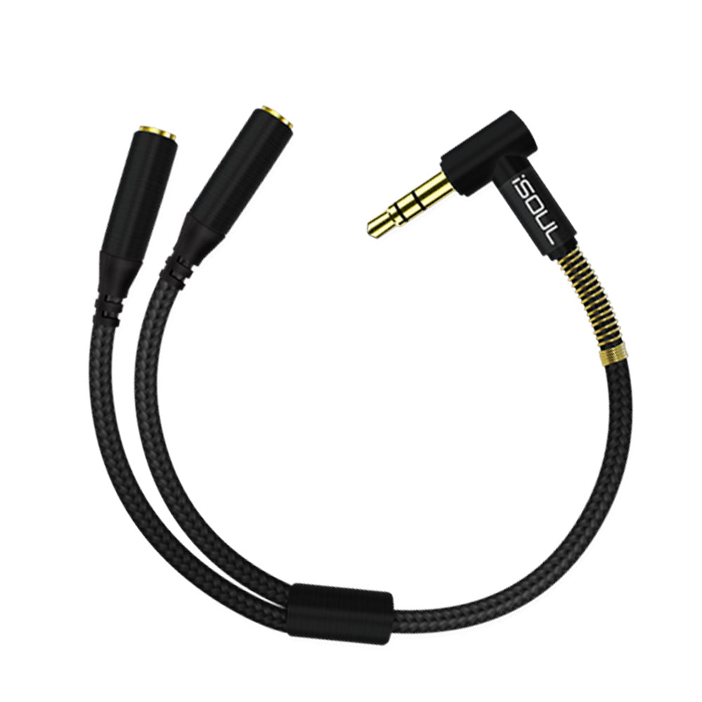 L-Shape Dual Audio Jack Splitter Cable Nylon Braided Black - iSOUL